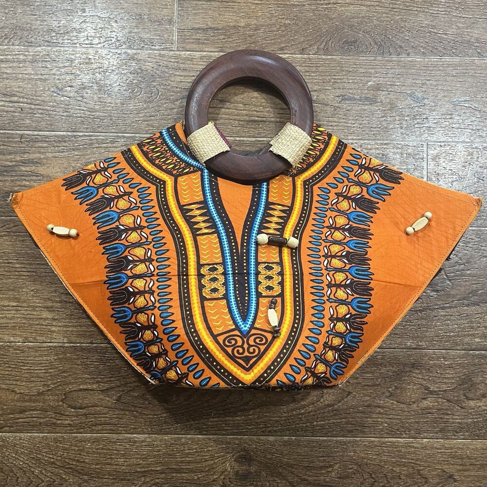 African Dashiki Purse Handbag Boho Retro Hippie Wooden Handles Bag Festival